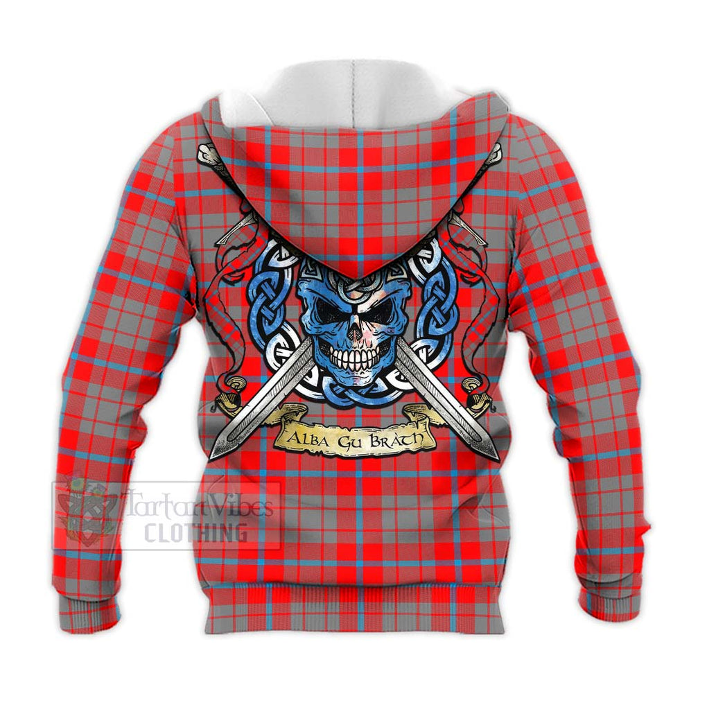 Tartan Vibes Clothing Moubray Tartan Knitted Hoodie with Family Crest Celtic Skull Style