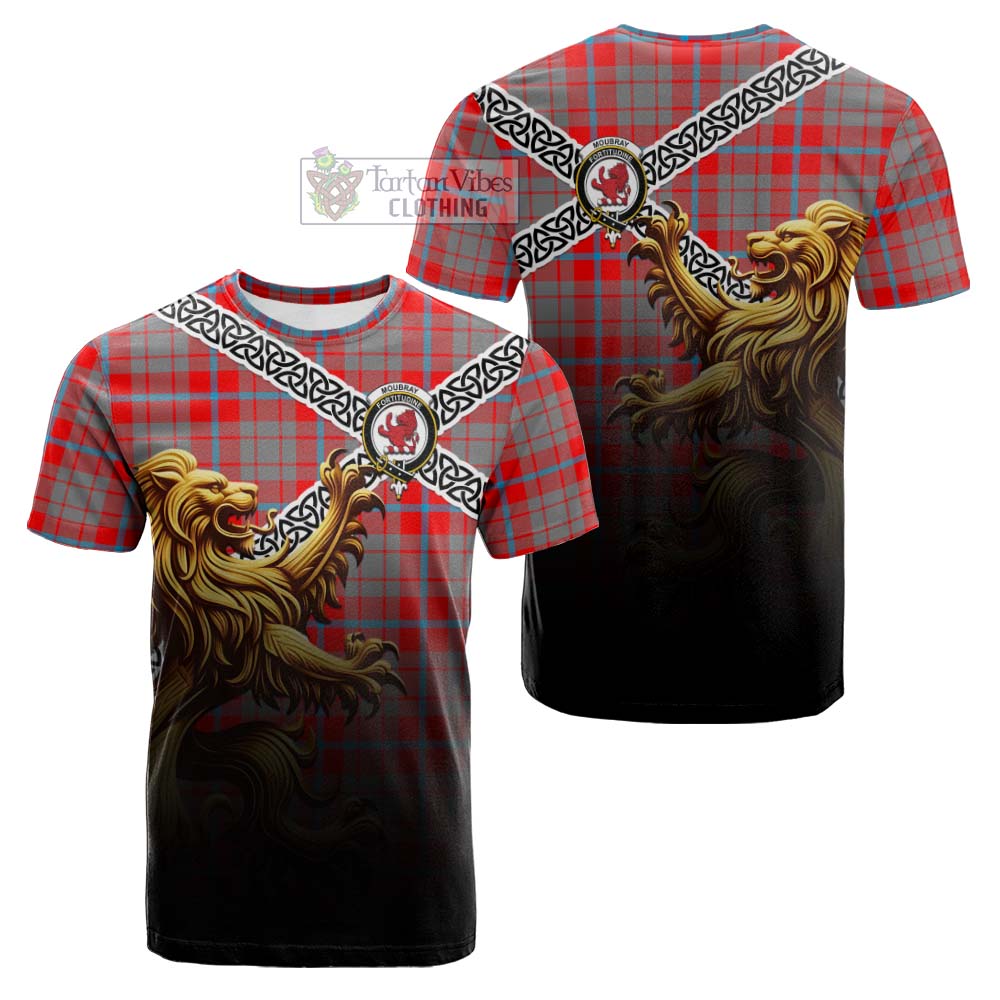 Moubray Crest Tartan Cotton T-shirt with Golden Lion Emblem Celtic Style - Tartan Vibes Clothing