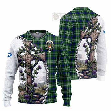 Mow Tartan Knitted Sweater with Family Crest and St. Andrew's Cross Accented by Thistle Vines