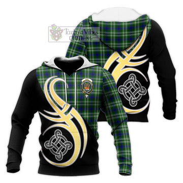 Mow Tartan Knitted Hoodie with Family Crest and Celtic Symbol Style