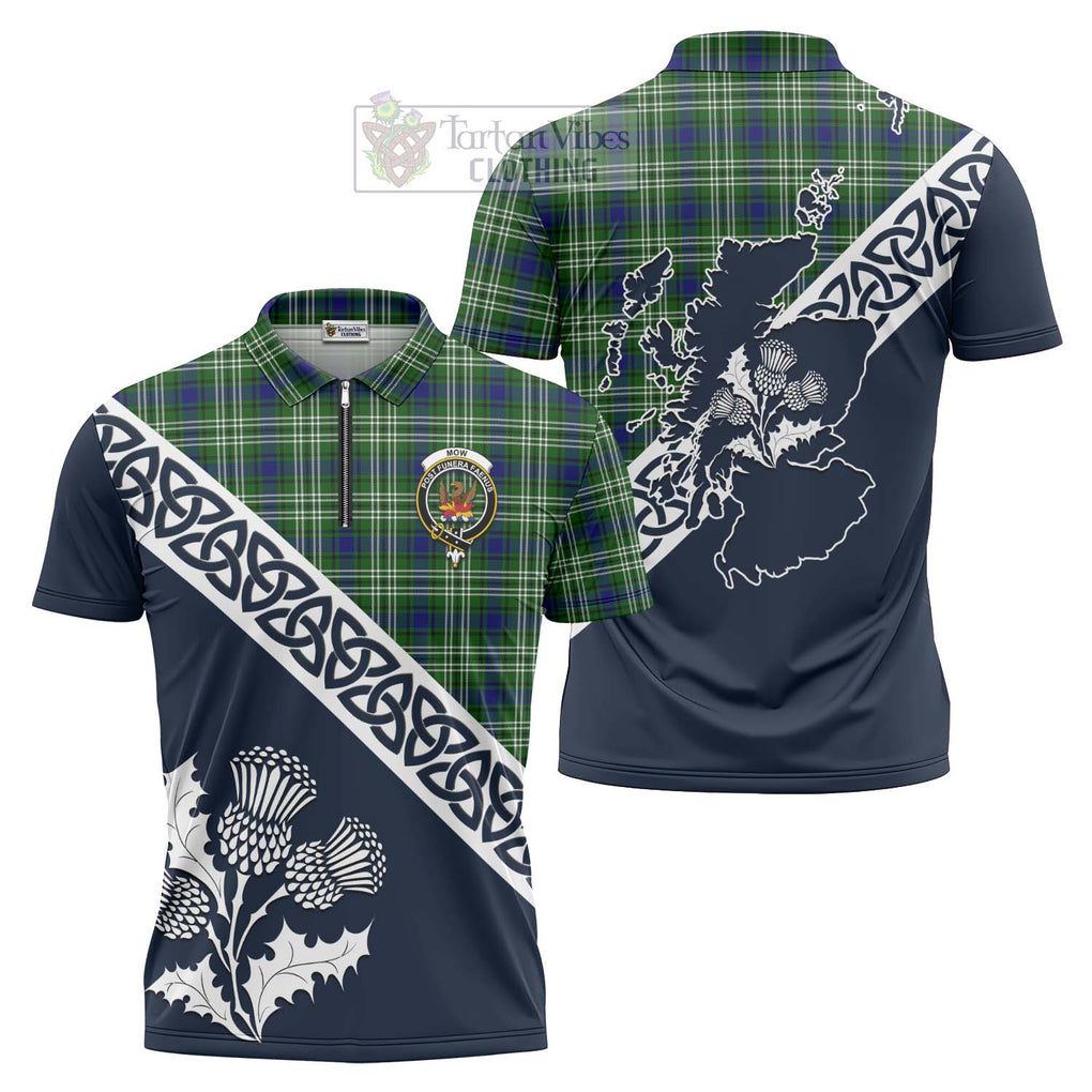 Mow Tartan Zipper Polo Shirt Featuring Thistle and Scotland Map Unisex - Tartanvibesclothing Store