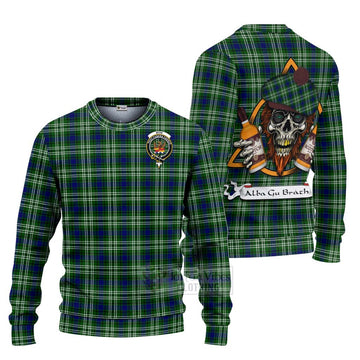 Mow Tartan Ugly Sweater with Family Crest and Bearded Skull Holding Bottles of Whiskey