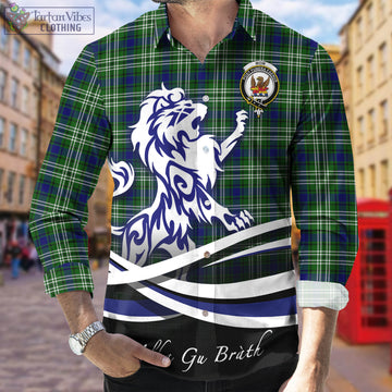 Mow Tartan Long Sleeve Button Up Shirt with Alba Gu Brath Regal Lion Emblem Men's Shirt - Tartan Vibes Clothing