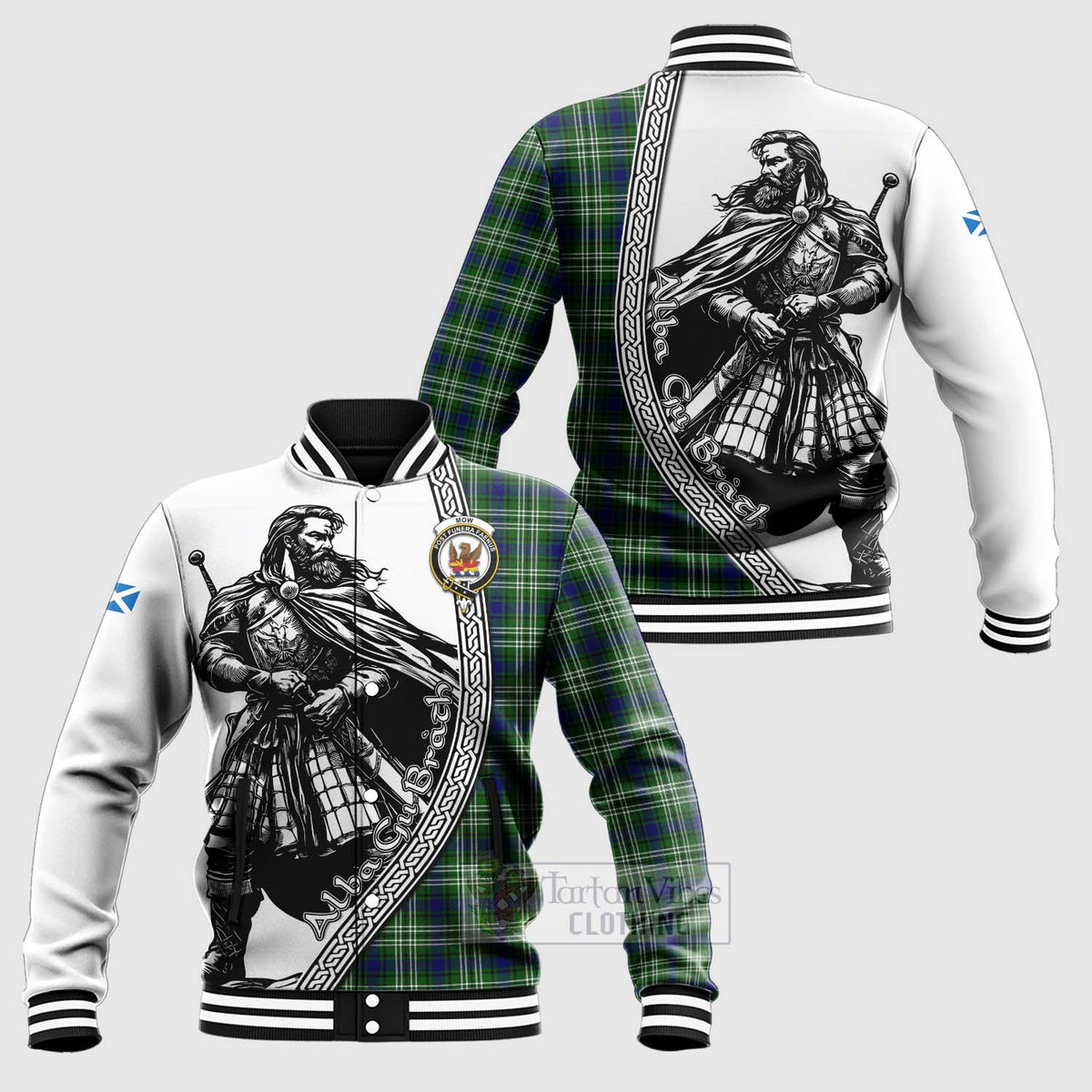Mow Tartan Clan Crest Baseball Jacket with Highlander Warrior Celtic Style Unisex - Tartan Vibes Clothing