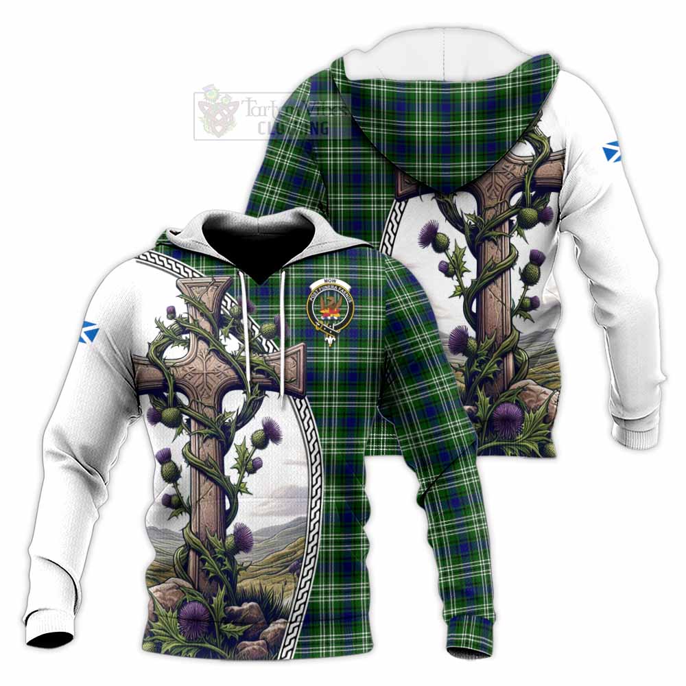 Tartan Vibes Clothing Mow Tartan Knitted Hoodie with Family Crest and St. Andrew's Cross Accented by Thistle Vines