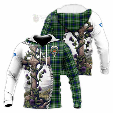 Mow Tartan Knitted Hoodie with Family Crest and St. Andrew's Cross Accented by Thistle Vines