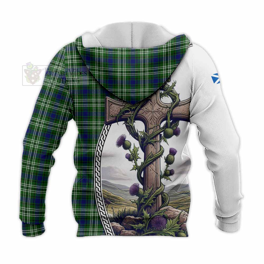 Tartan Vibes Clothing Mow Tartan Knitted Hoodie with Family Crest and St. Andrew's Cross Accented by Thistle Vines