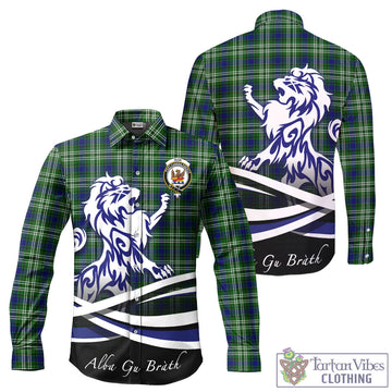 Mow Tartan Long Sleeve Button Up Shirt with Alba Gu Brath Regal Lion Emblem - Tartan Vibes Clothing