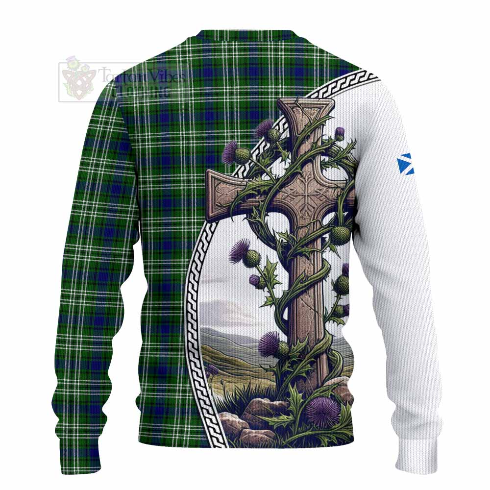 Tartan Vibes Clothing Mow Tartan Knitted Sweater with Family Crest and St. Andrew's Cross Accented by Thistle Vines