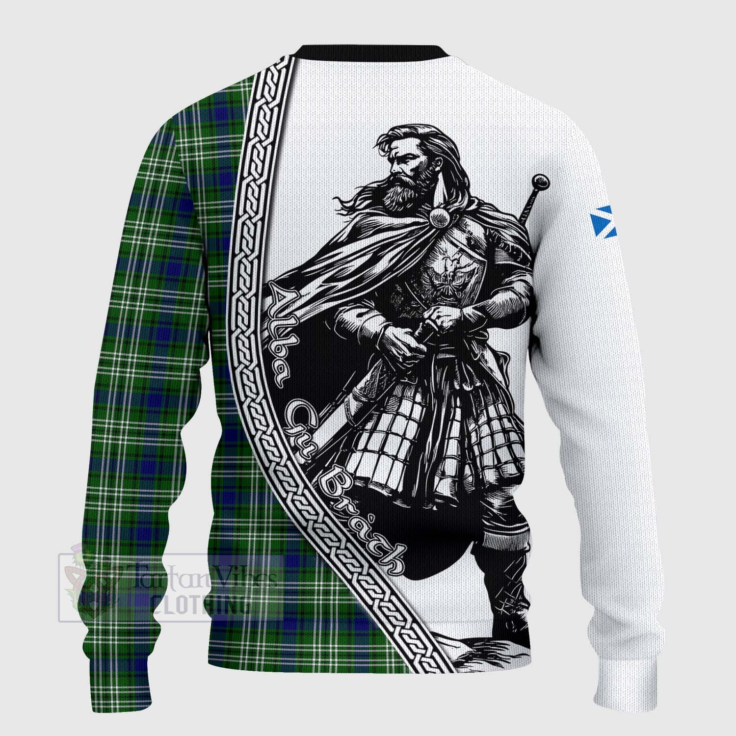 Tartan Vibes Clothing Mow Tartan Clan Crest Knitted Sweater with Highlander Warrior Celtic Style