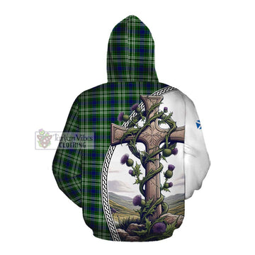 Mow Tartan Cotton Hoodie with Family Crest and St. Andrew's Cross Accented by Thistle Vines Pullover Hoodie - Tartan Vibes Clothing