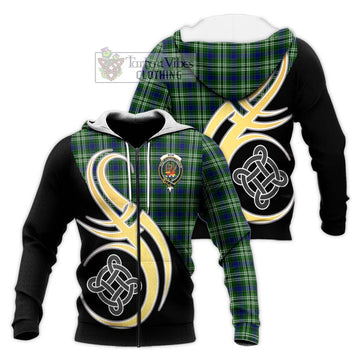 Mow Tartan Knitted Hoodie with Family Crest and Celtic Symbol Style