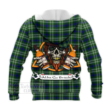 Mow Tartan Knitted Hoodie with Family Crest and Bearded Skull Holding Bottles of Whiskey