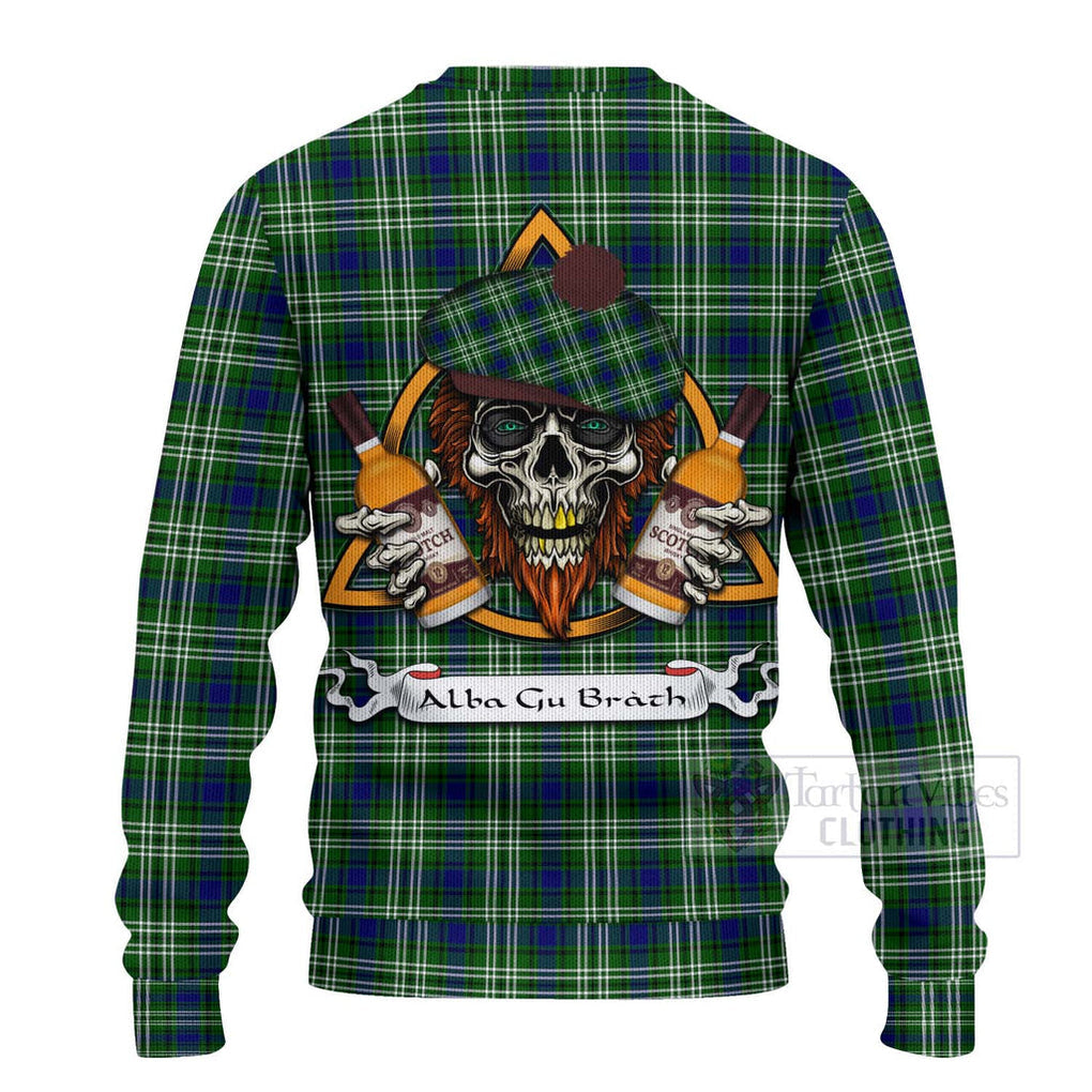 Tartan Vibes Clothing Mow Tartan Knitted Sweater with Family Crest and Bearded Skull Holding Bottles of Whiskey