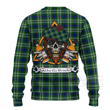 Mow Tartan Ugly Sweater with Family Crest and Bearded Skull Holding Bottles of Whiskey