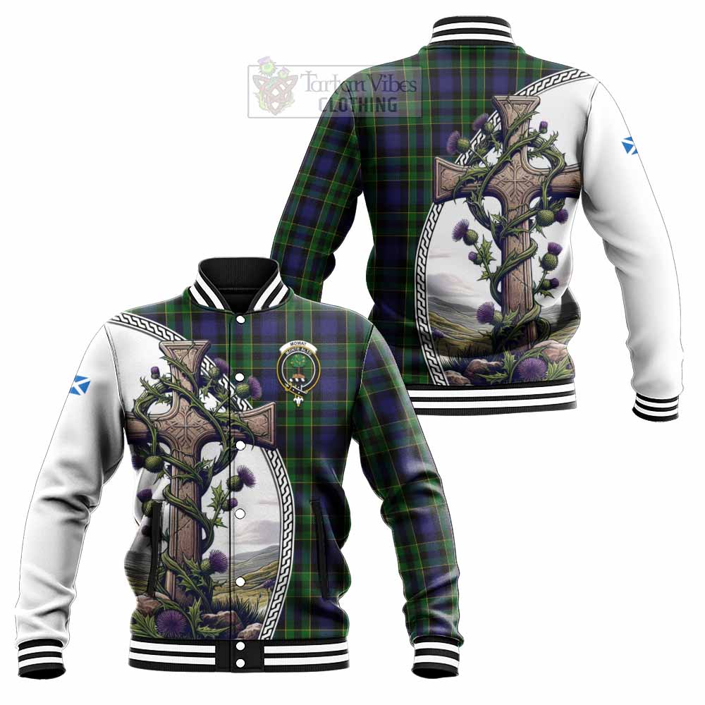 Tartan Vibes Clothing Mowat Tartan Baseball Jacket with Family Crest and St. Andrew's Cross Accented by Thistle Vines