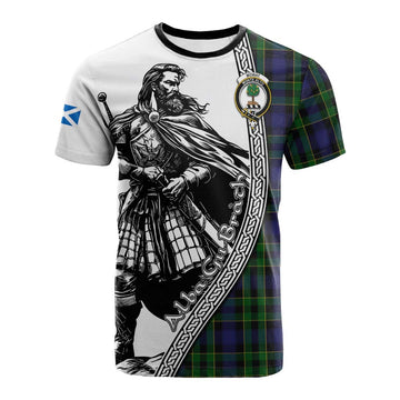 Mowat Tartan Clan Crest Cotton T-shirt with Highlander Warrior Celtic Style