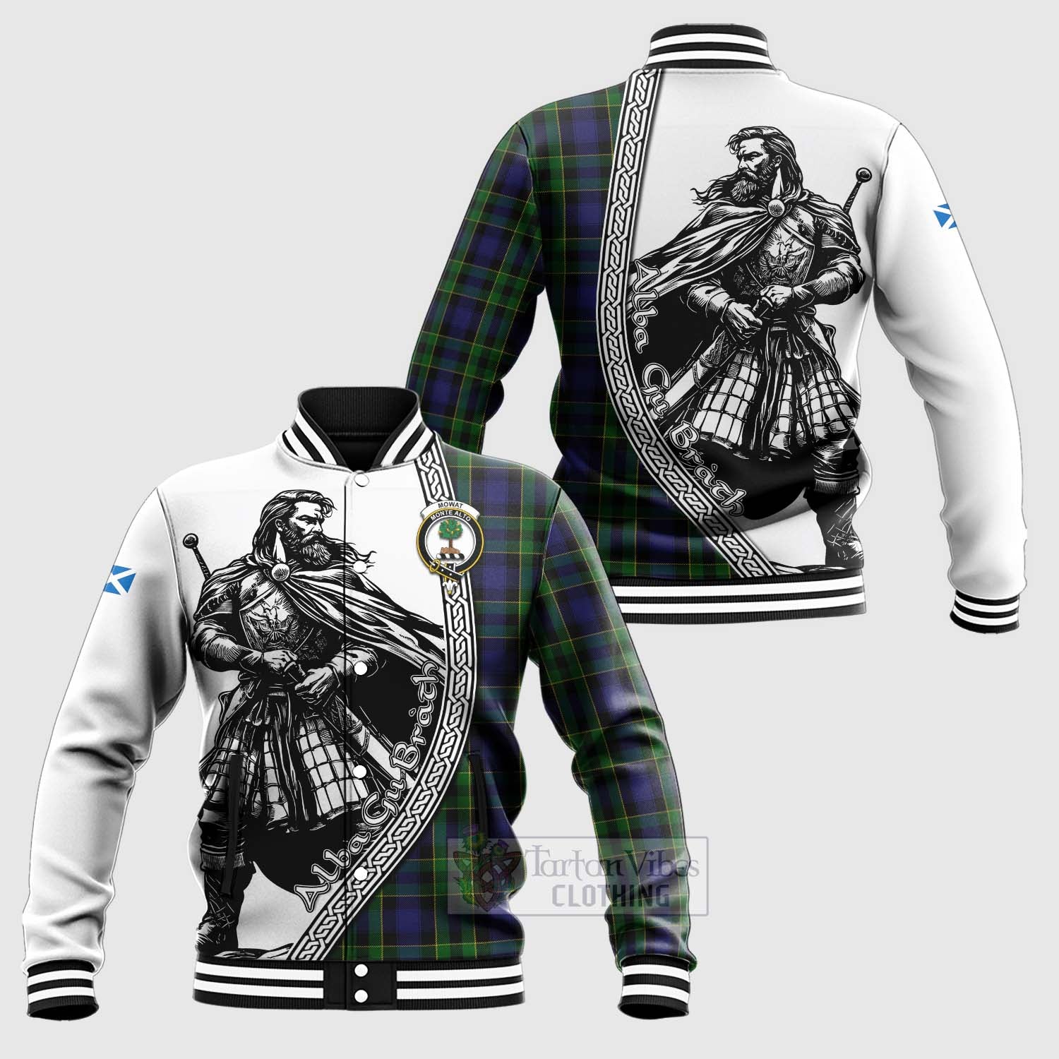 Tartan Vibes Clothing Mowat Tartan Clan Crest Baseball Jacket with Highlander Warrior Celtic Style