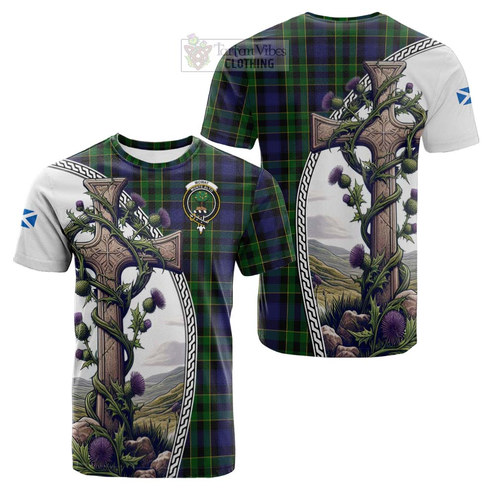 Tartan Vibes Clothing Mowat Tartan Cotton T-shirt with Family Crest and St. Andrew's Cross Accented by Thistle Vines