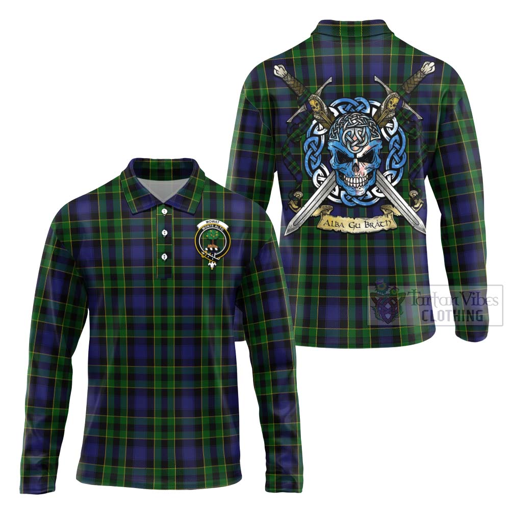 Tartan Vibes Clothing Mowat Tartan Long Sleeve Polo Shirt with Family Crest Celtic Skull Style