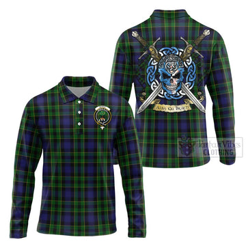 Mowat Tartan Long Sleeve Polo Shirt with Family Crest Celtic Skull Style