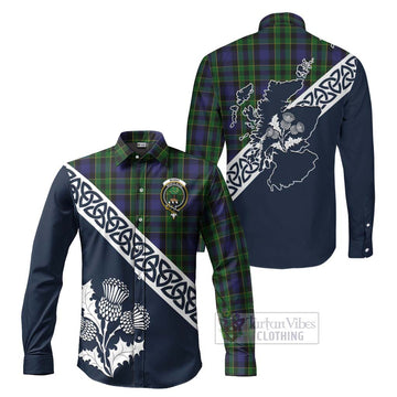 Mowat Tartan Long Sleeve Button Shirt Featuring Thistle and Scotland Map