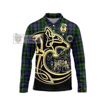 Mowat Tartan Long Sleeve Polo Shirt with Family Crest Celtic Wolf Style