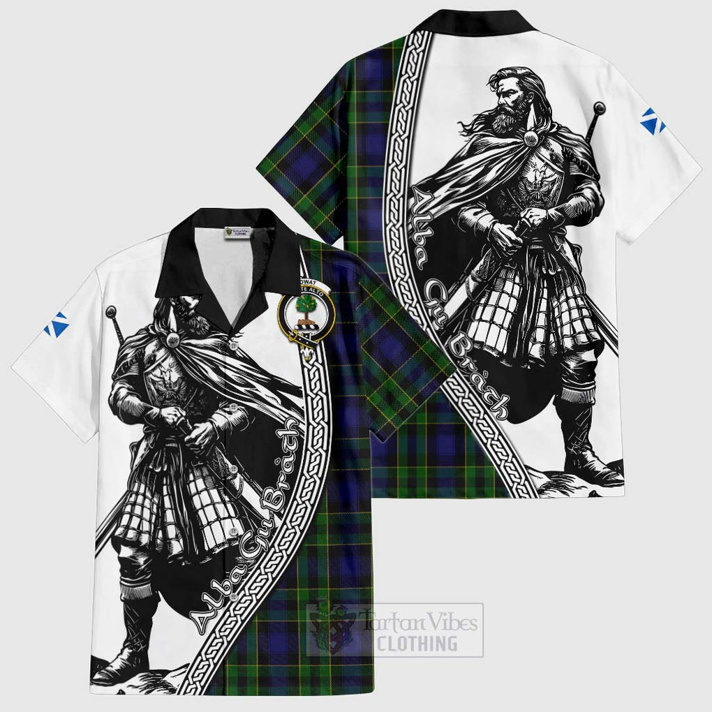 Tartan Vibes Clothing Mowat Tartan Clan Crest Short Sleeve Button Shirt with Highlander Warrior Celtic Style