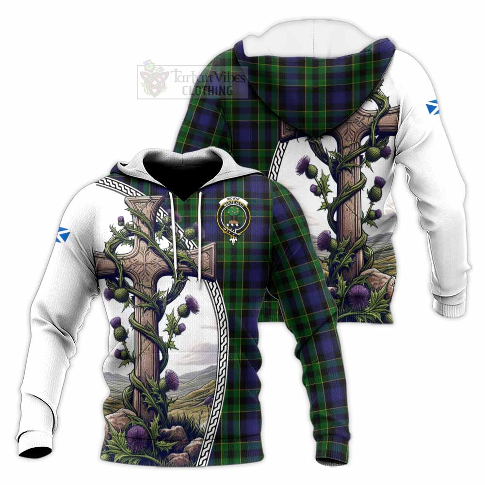 Tartan Vibes Clothing Mowat Tartan Knitted Hoodie with Family Crest and St. Andrew's Cross Accented by Thistle Vines