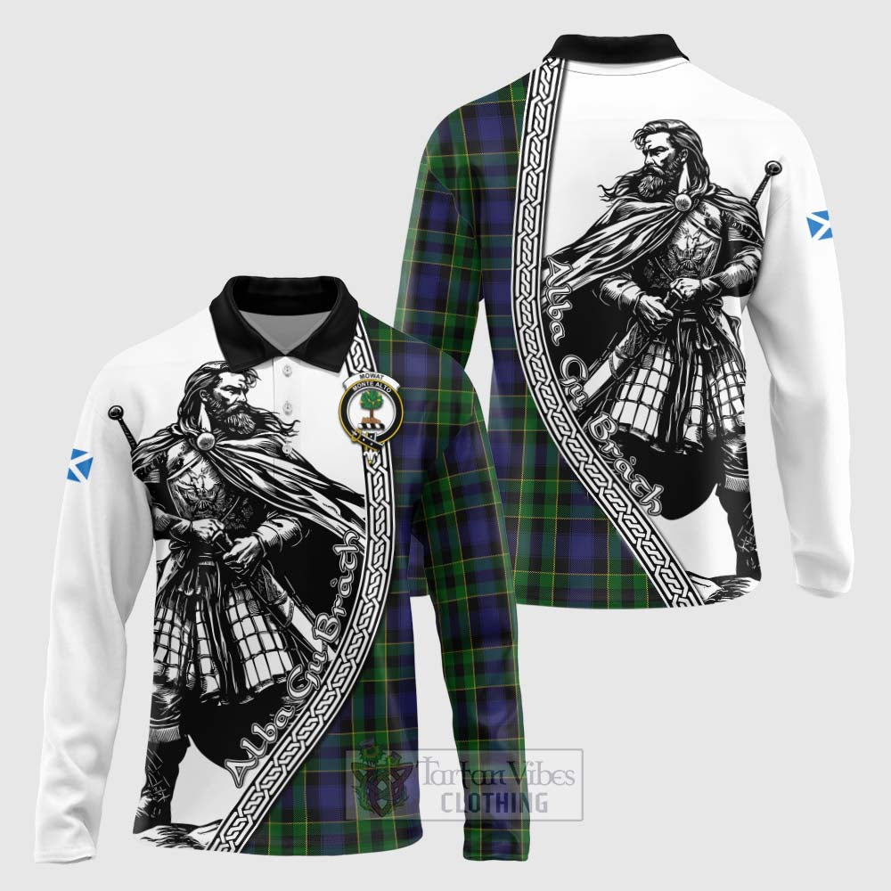 Tartan Vibes Clothing Mowat Tartan Clan Crest Long Sleeve Polo Shirt with Highlander Warrior Celtic Style