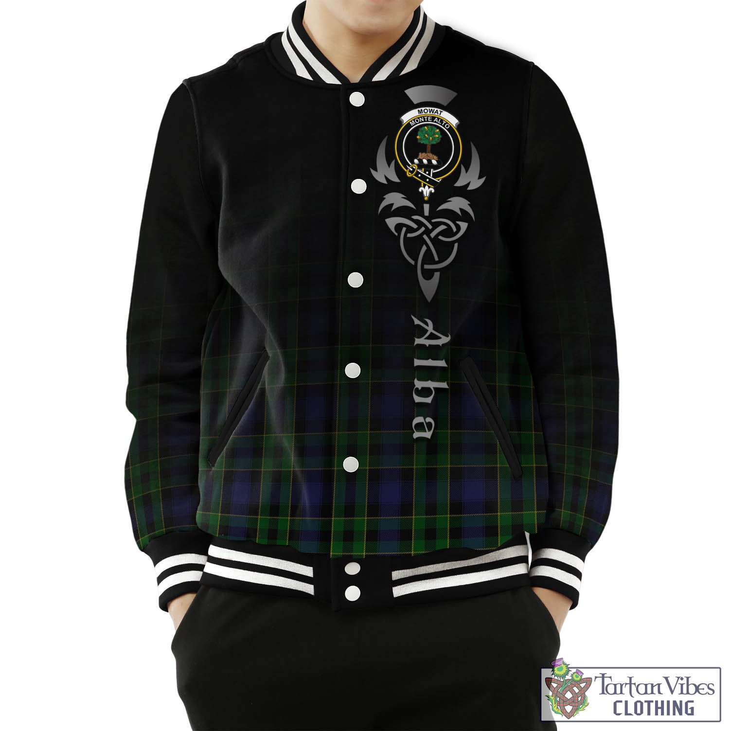 Tartan Vibes Clothing Mowat Tartan Baseball Jacket Featuring Alba Gu Brath Family Crest Celtic Inspired