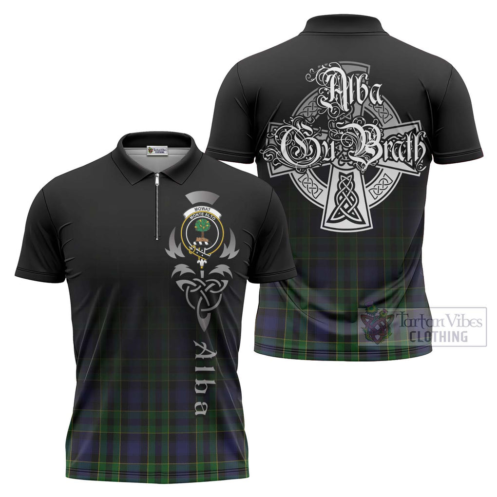 Tartan Vibes Clothing Mowat Tartan Zipper Polo Shirt Featuring Alba Gu Brath Family Crest Celtic Inspired