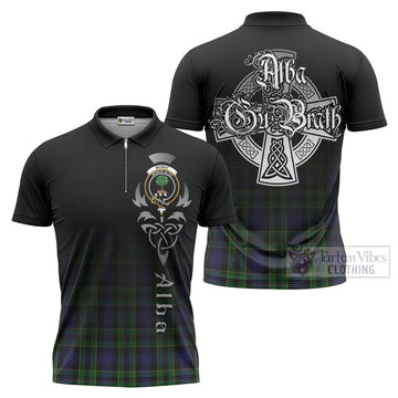 Mowat Tartan Zipper Polo Shirt Featuring Alba Gu Brath Family Crest Celtic Inspired