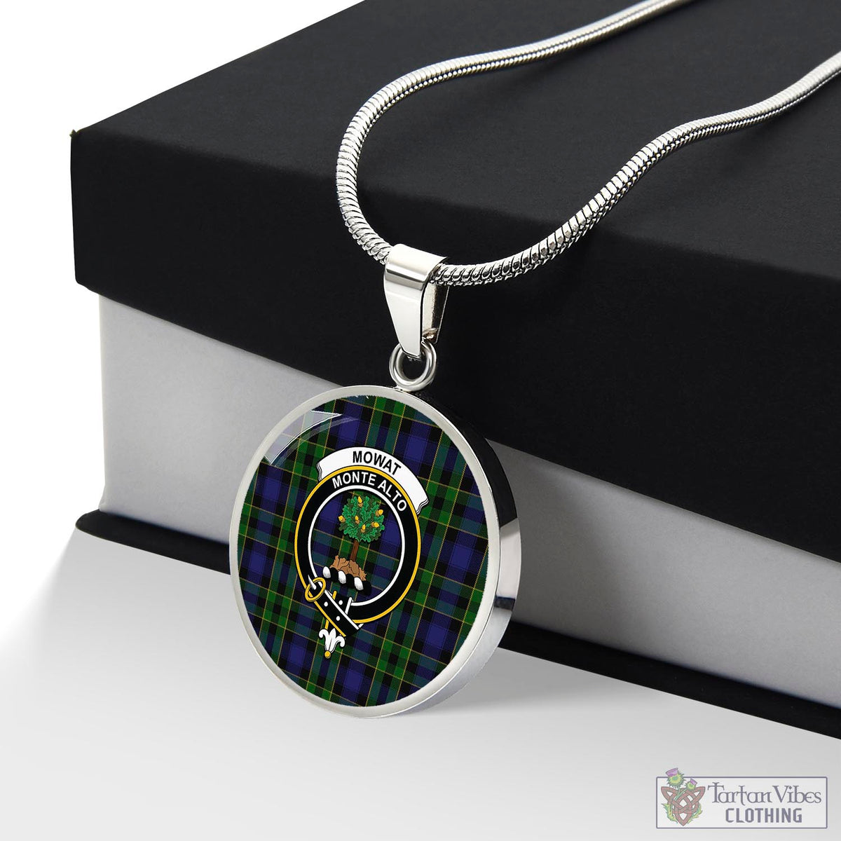 Mowat Tartan Circle Necklace with Family Crest Luxury Necklace (Silver) No - Tartan Vibes Clothing