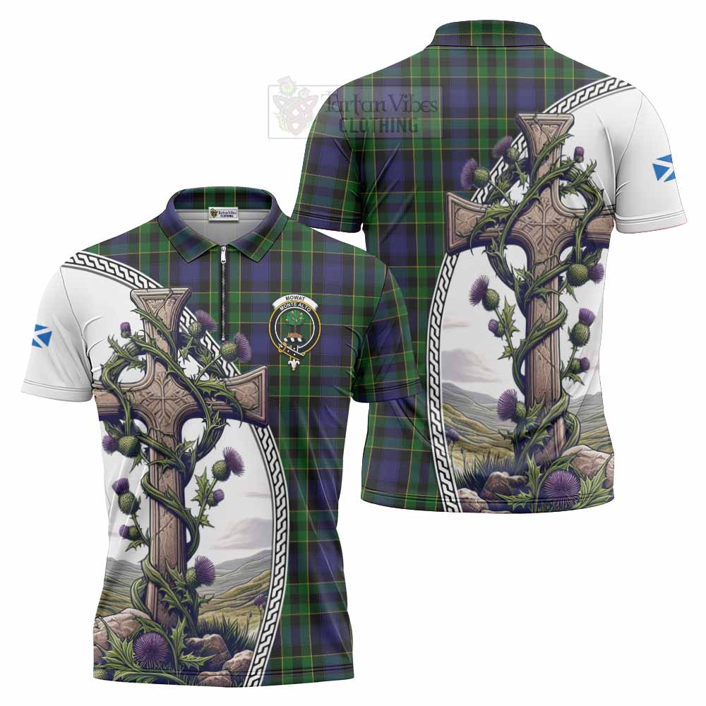 Tartan Vibes Clothing Mowat Tartan Zipper Polo Shirt with Family Crest and St. Andrew's Cross Accented by Thistle Vines