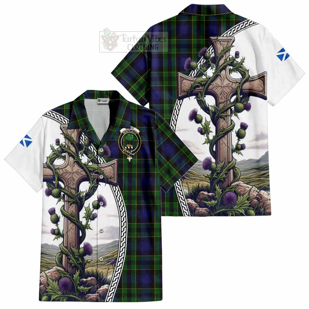 Tartan Vibes Clothing Mowat Tartan Short Sleeve Button Shirt with Family Crest and St. Andrew's Cross Accented by Thistle Vines