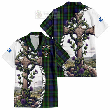 Mowat Tartan Short Sleeve Button Shirt with Family Crest and St. Andrew's Cross Accented by Thistle Vines