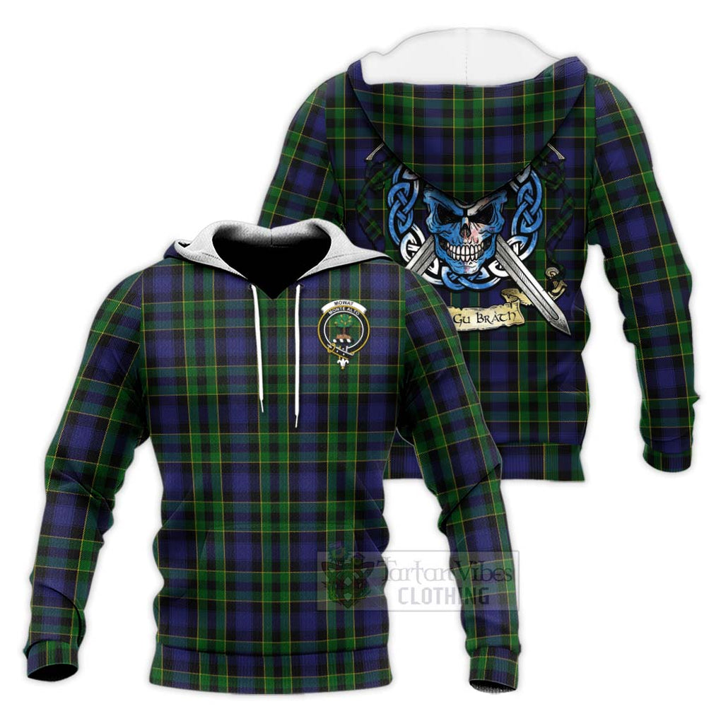 Tartan Vibes Clothing Mowat Tartan Knitted Hoodie with Family Crest Celtic Skull Style