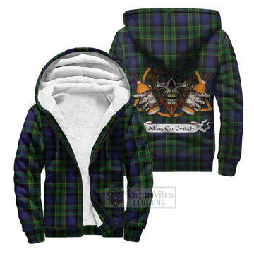 Mowat Tartan Sherpa Hoodie with Family Crest and Bearded Skull Holding Bottles of Whiskey