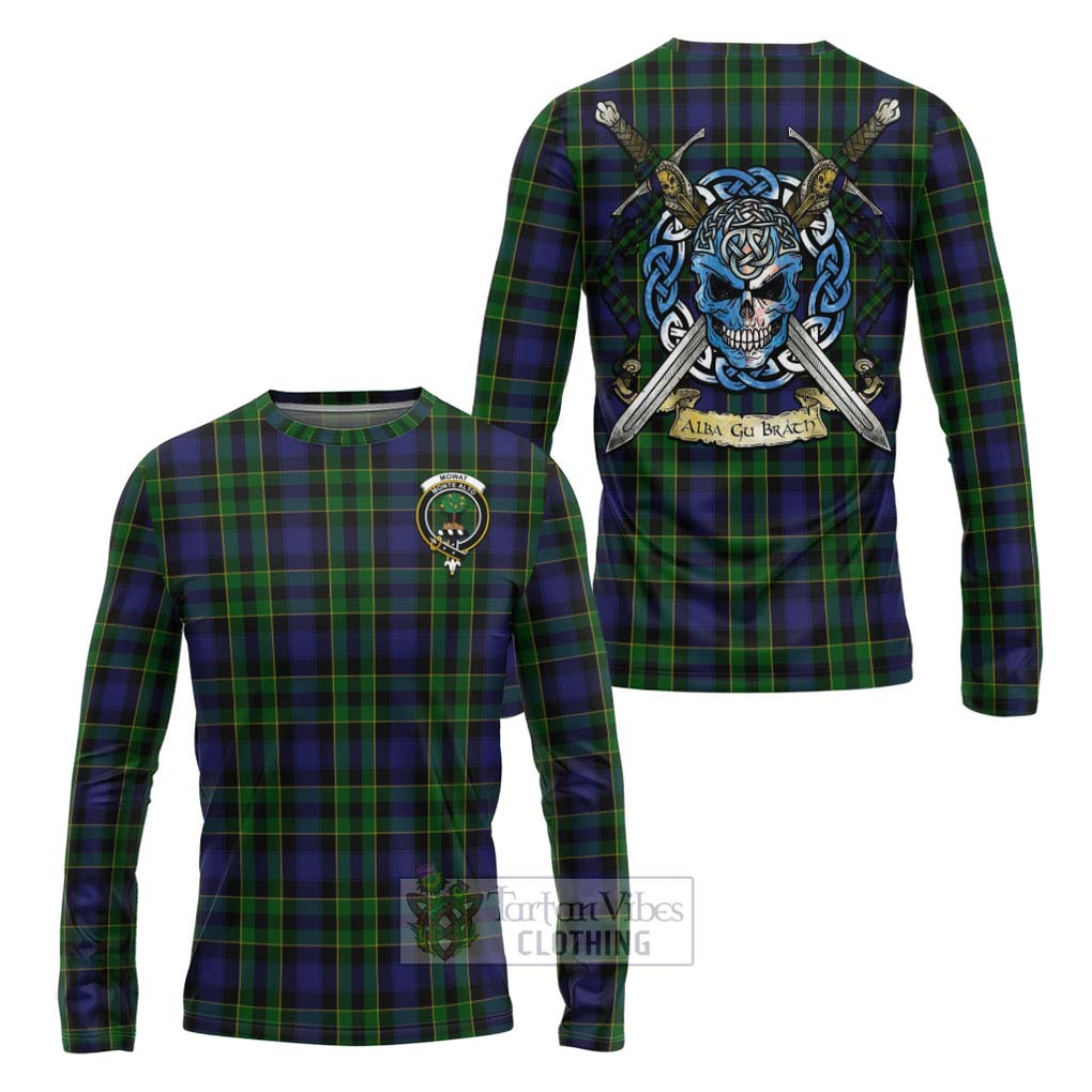 Tartan Vibes Clothing Mowat Tartan Long Sleeve T-Shirt with Family Crest Celtic Skull Style