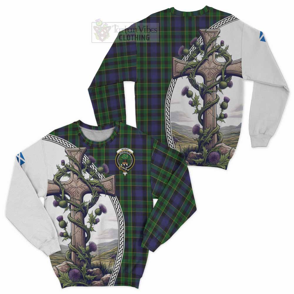 Tartan Vibes Clothing Mowat Tartan Sweatshirt with Family Crest and St. Andrew's Cross Accented by Thistle Vines