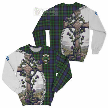 Mowat Tartan Sweatshirt with Family Crest and St. Andrew's Cross Accented by Thistle Vines