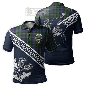 Mowat Tartan Polo Shirt Featuring Thistle and Scotland Map