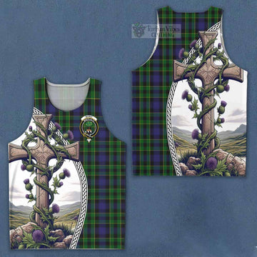 Mowat Tartan Men's Tank Top with Family Crest and St. Andrew's Cross Accented by Thistle Vines