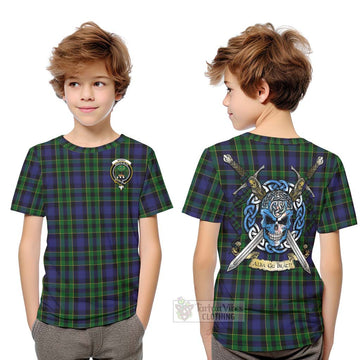 Mowat Tartan Kid T-Shirt with Family Crest Celtic Skull Style