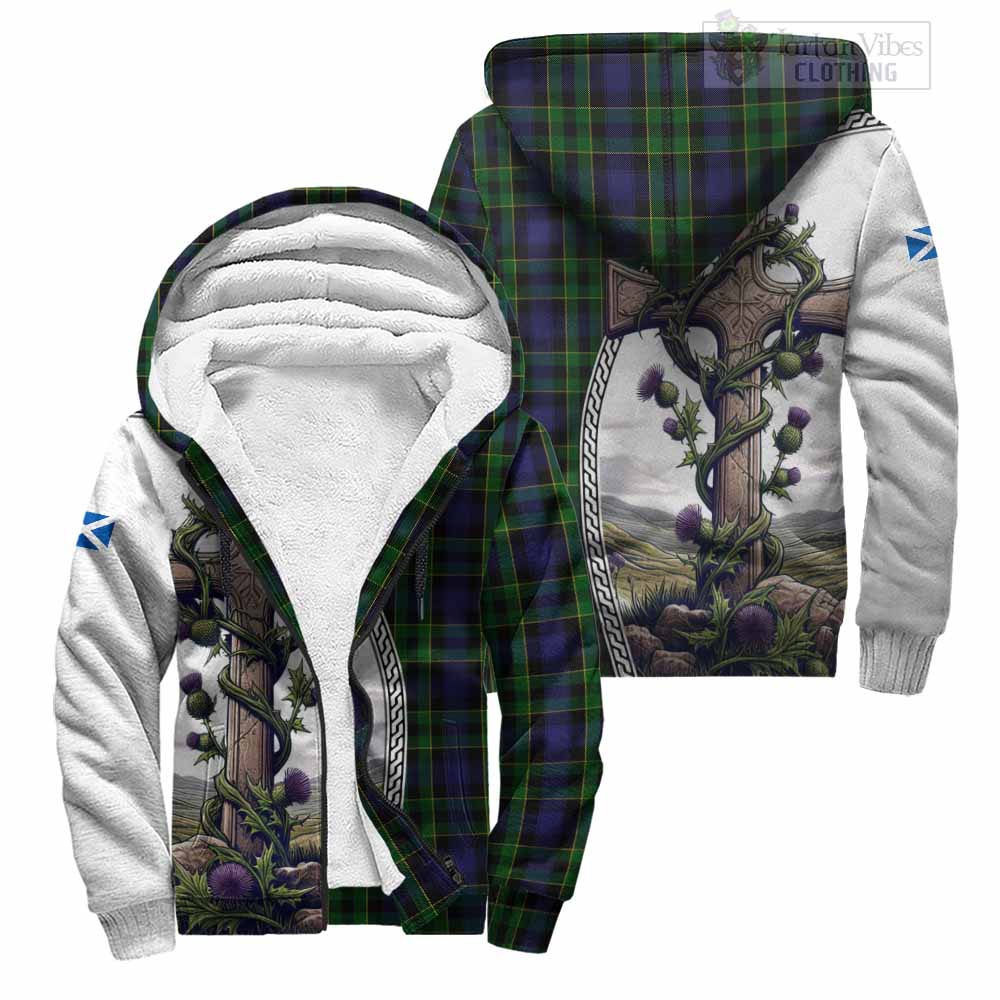 Tartan Vibes Clothing Mowat Tartan Sherpa Hoodie with Family Crest and St. Andrew's Cross Accented by Thistle Vines