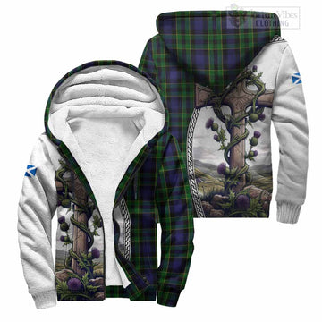 Mowat Tartan Sherpa Hoodie with Family Crest and St. Andrew's Cross Accented by Thistle Vines