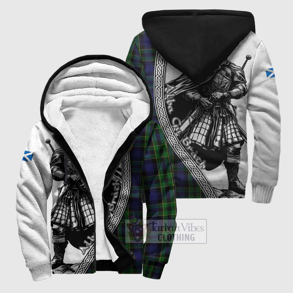 Tartan Vibes Clothing Mowat Tartan Clan Crest Sherpa Hoodie with Highlander Warrior Celtic Style