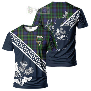 Mowat Tartan T-Shirt Featuring Thistle and Scotland Map