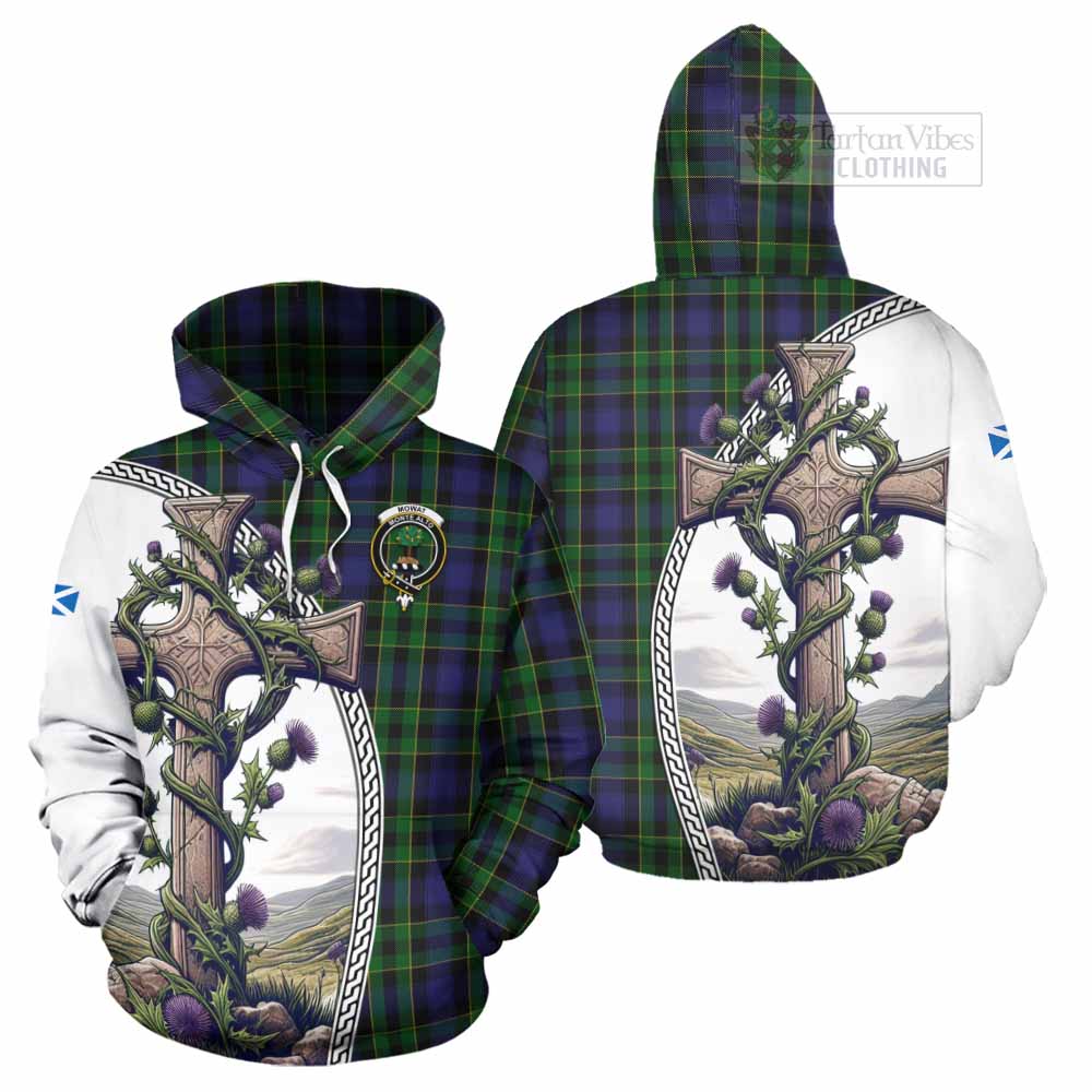 Tartan Vibes Clothing Mowat Tartan Hoodie with Family Crest and St. Andrew's Cross Accented by Thistle Vines